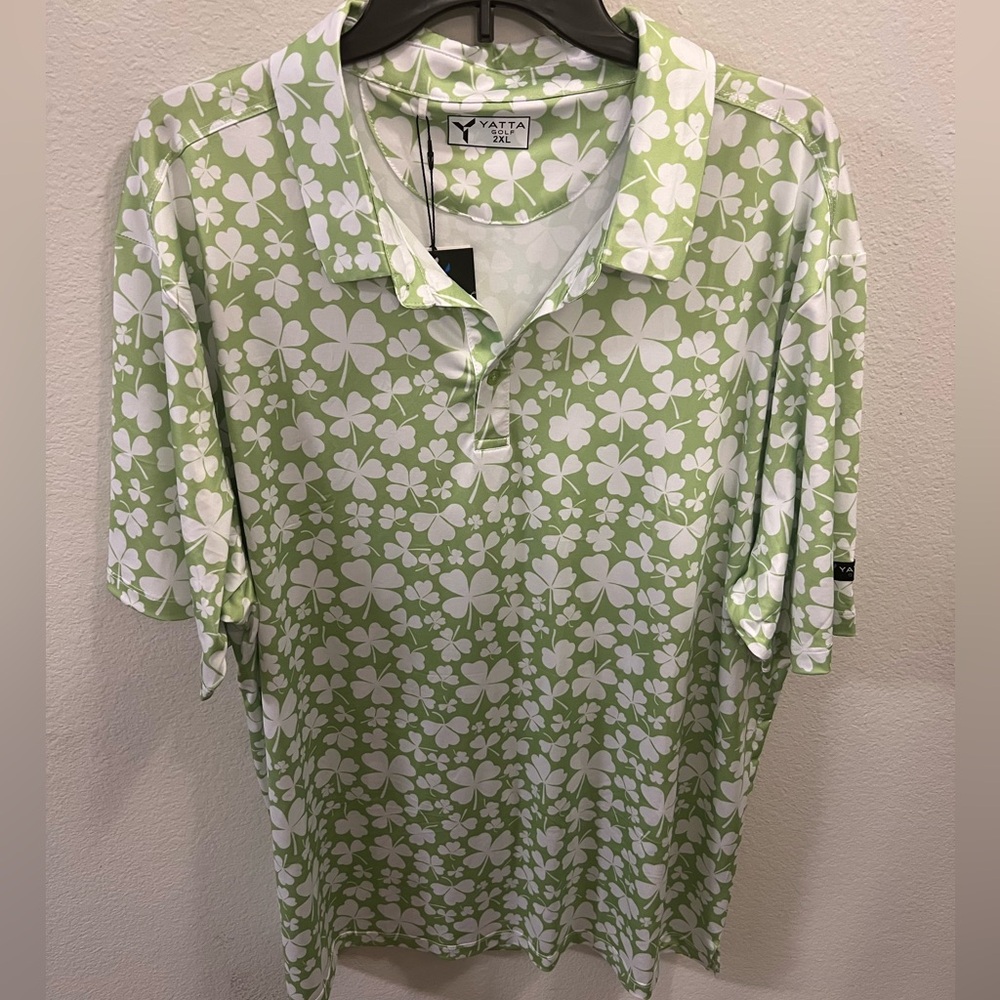 YATTA Golf Men’s Cloverfield All Over St. Patricks Day Green Polo Shirt Size 2XL - Picture 6 of 6